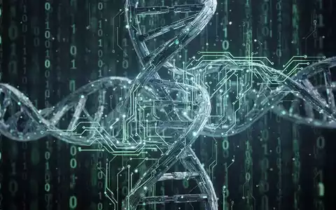 Eine stilisierte Darstellung einer Doppelhelix, die mit digitalen Schaltkreislinien verschlungen ist, vor einem Hintergrund aus leuchtendem Binärcode. - Foto: über boerse-global.de