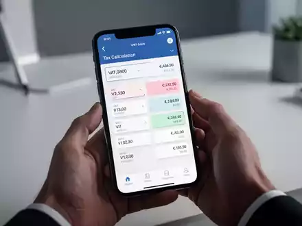 Ein Smartphone zeigt eine App mit Mehrwertsteuerberechnungen, Hände halten das Gerät. Fokus auf digitale Zahlen und Steuersätze. - Foto: über boerse-global.de