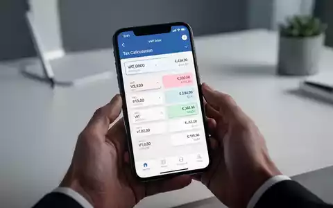 Ein Smartphone zeigt eine App mit Mehrwertsteuerberechnungen, Hände halten das Gerät. Fokus auf digitale Zahlen und Steuersätze. - Foto: über boerse-global.de