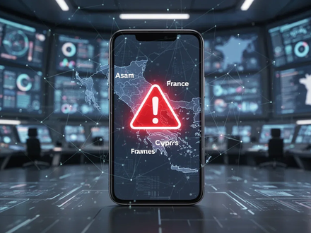 Ein stilisiertes Smartphone mit Warnsymbol, überlagert mit digitalen Netzwerklinien und Kartenumrissen von Assam, Zypern und Frankreich. - Foto: über boerse-global.de