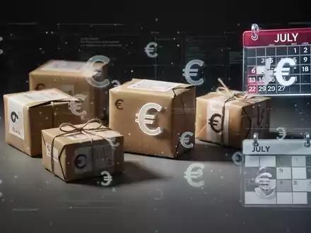 Nahaufnahme von kleinen Paketen mit einer dezenten digitalen Überlagerung von Euro-Symbolen und einem Kalendersymbol für Juli. - Foto: über boerse-global.de