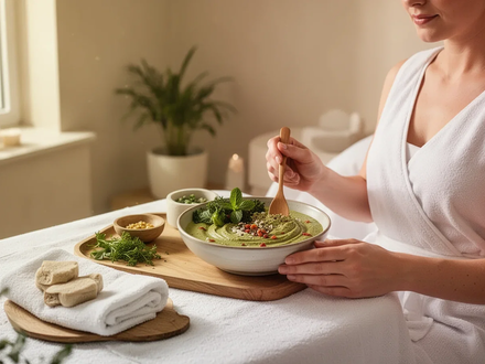 Eine Person genießt eine basische, pflanzliche Mahlzeit in einer ruhigen, hellen Spa-Umgebung, die Wellness und Entspannung symbolisiert. - Foto: über boerse-global.de