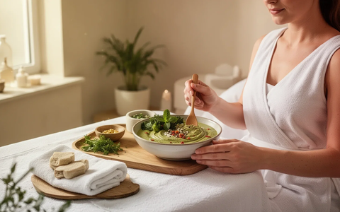 Eine Person genießt eine basische, pflanzliche Mahlzeit in einer ruhigen, hellen Spa-Umgebung, die Wellness und Entspannung symbolisiert. - Foto: über boerse-global.de
