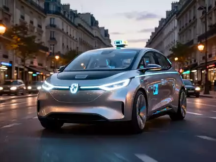 A sleek, futuristic robotaxi drives through a modern European city street at dusk, symbolizing autonomous transportation innovation. - Foto: über boerse-global.de