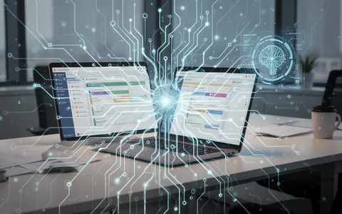 Eine futuristische Büroumgebung mit einem Laptop, auf dem Projektmanagement-Software läuft, überlagert von einem leuchtenden neuronalen Netzwerk, das KI-Integration symbolisiert. - Foto: über boerse-global.de