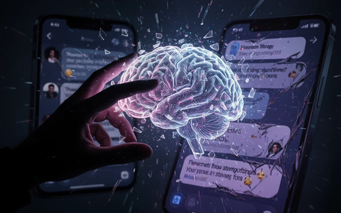 A shadowy hand reaching for a glowing, fragmented digital brain, with a smartphone in the background showing distorted notifications, symbolizing an AI system hijack. - Foto: über boerse-global.de
