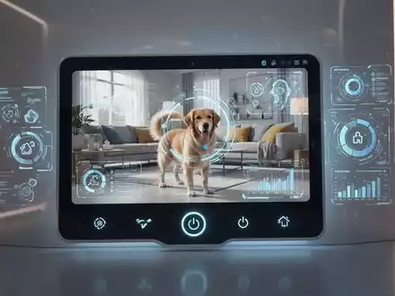 A smart home interface showing a security camera feed of a dog in a living room, with AI overlays for pet recognition. - Foto: über boerse-global.de