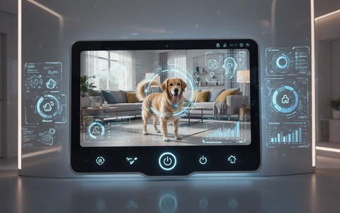 A smart home interface showing a security camera feed of a dog in a living room, with AI overlays for pet recognition. - Foto: über boerse-global.de