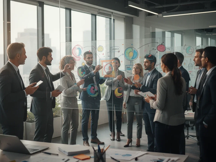 Geschäftsleute bei einem Brainstorming in einem modernen Büro, das Kreativität und digitale Transformation symbolisiert. - Foto: über boerse-global.de