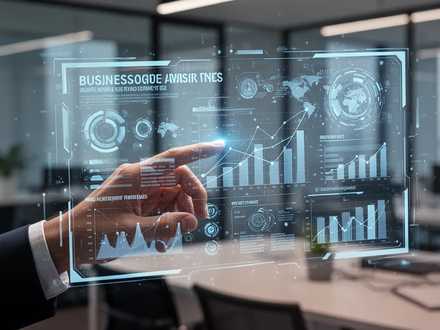 A hand interacting with a futuristic holographic business presentation, showcasing detailed graphs and design elements. - Foto: über boerse-global.de