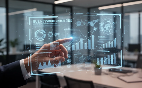 A hand interacting with a futuristic holographic business presentation, showcasing detailed graphs and design elements. - Foto: über boerse-global.de