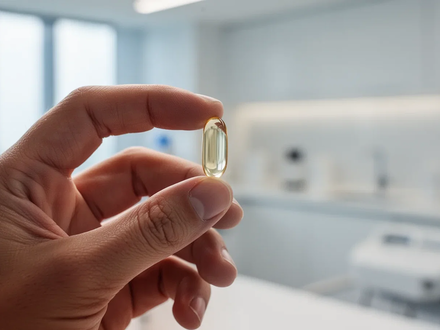 Eine Hand hält eine durchsichtige Omega-3-Kapsel vor einem unscharfen, modernen Hintergrund. - Foto: über boerse-global.de