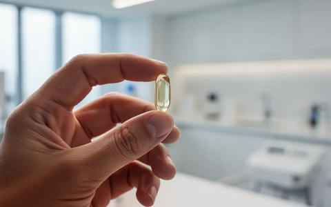 Eine Hand hält eine durchsichtige Omega-3-Kapsel vor einem unscharfen, modernen Hintergrund. - Foto: über boerse-global.de