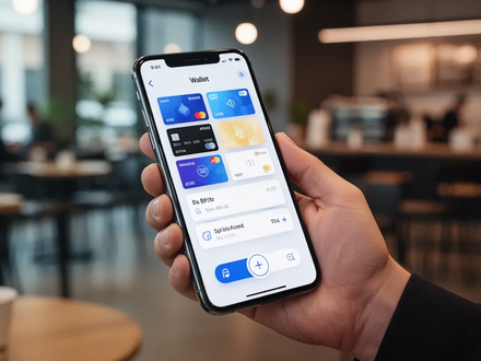 Close-up of a hand holding an iPhone showing the Apple Wallet app with digital cards and a new bill-splitting feature. - Foto: über boerse-global.de