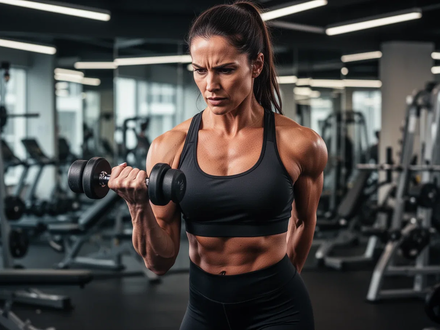 Eine Frau in Sportkleidung führt in einem Fitnessstudio eine Bizepsübung mit einer Hantel aus. - Foto: über boerse-global.de