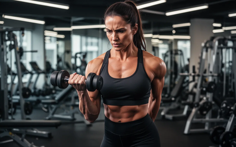 Eine Frau in Sportkleidung führt in einem Fitnessstudio eine Bizepsübung mit einer Hantel aus. - Foto: über boerse-global.de
