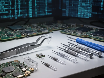Close-up of specialized micro-electronics repair tools on a workbench, symbolizing precision PC repair services and technology maintenance. - Foto: über boerse-global.de