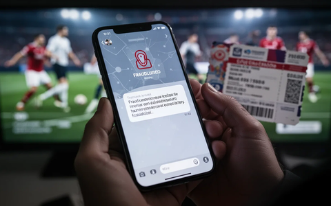 Eine Nahaufnahme einer Hand, die ein Smartphone mit einer betrügerischen Nachricht hält, im Hintergrund verschwommen. - Foto: über boerse-global.de