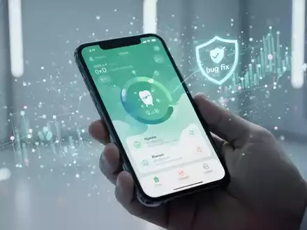 Ein stilisiertes Smartphone zeigt eine Gesundheits-App-Oberfläche mit Versionsnummer 5.01, umgeben von abstrakten Datenpunkten. - Foto: über boerse-global.de