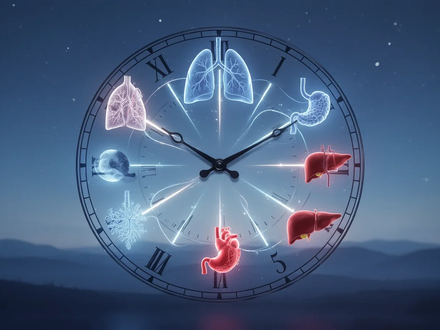 Eine stilisierte Organuhr mit leuchtenden Linien, die Organe mit Uhrzeiten verbinden, auf einem ruhigen blauen Hintergrund. - Foto: über boerse-global.de