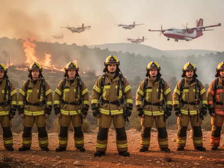 Feuerwehrleute aus verschiedenen europäischen Ländern in Einsatzkleidung stehen vor einem Waldbrand, Löschflugzeuge sind im Hintergrund zu sehen. - Foto: über boerse-global.de