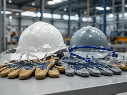 Nahaufnahme verschiedener persönlicher Schutzausrüstung (PSA) wie Helm, Handschuhe und Schutzbrille auf einer industriellen Oberfläche. - Foto: über boerse-global.de