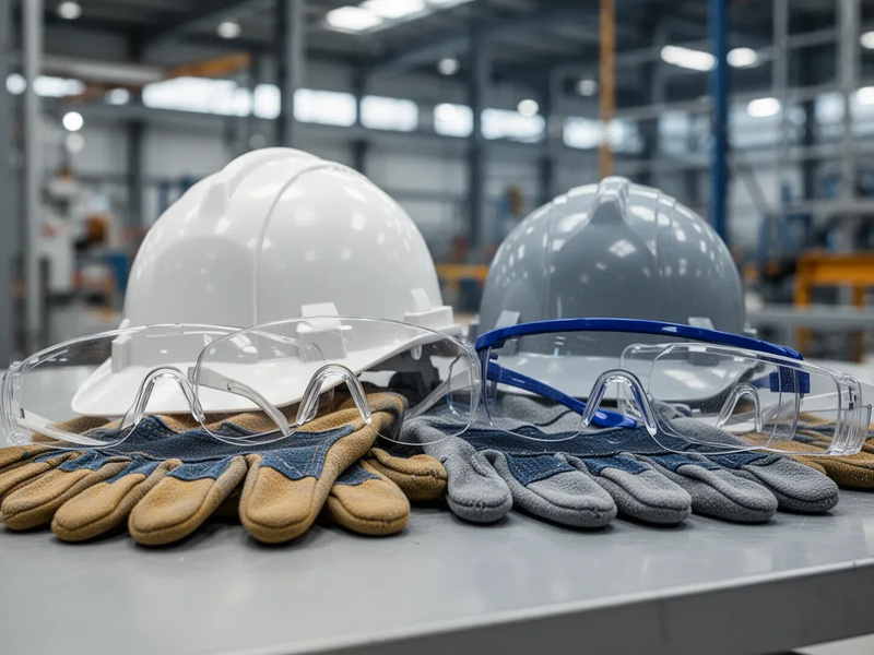 Nahaufnahme verschiedener persönlicher Schutzausrüstung (PSA) wie Helm, Handschuhe und Schutzbrille auf einer industriellen Oberfläche. - Foto: über boerse-global.de