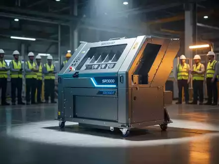 Ein moderner SR3000 Industrieschredder in einer Hightech-Fabrikhalle, beleuchtet von einem Scheinwerfer, mit Ingenieuren im Hintergrund. - Foto: über boerse-global.de
