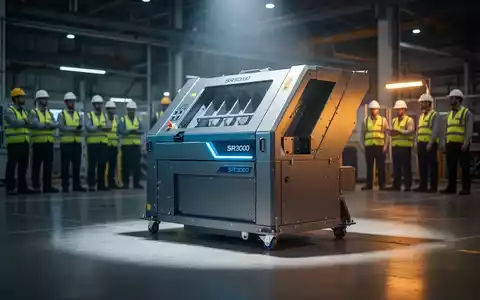 Ein moderner SR3000 Industrieschredder in einer Hightech-Fabrikhalle, beleuchtet von einem Scheinwerfer, mit Ingenieuren im Hintergrund. - Foto: über boerse-global.de