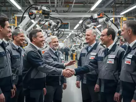 Mitarbeiter und Betriebsräte in einem deutschen Automobilwerk, die Zusammenarbeit und Stabilität bei wichtigen Personalentscheidungen zeigen. - Foto: über boerse-global.de