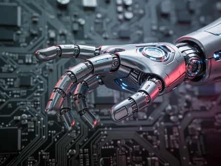 A sophisticated humanoid robot hand, metallic and detailed, reaching toward a blurry circuit board, symbolizing AI and production challenges. - Foto: über boerse-global.de