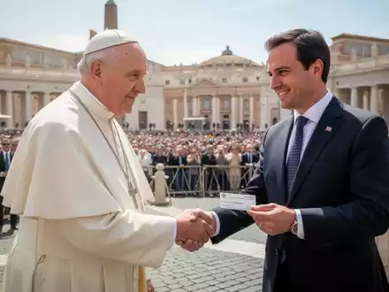 Pope Leo XIV, dressed in white, shakes hands with Illinois State Treasurer Michael Frerichs in St. Peter's Square. - Foto: über boerse-global.de