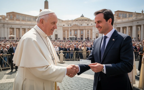 Pope Leo XIV, dressed in white, shakes hands with Illinois State Treasurer Michael Frerichs in St. Peter's Square. - Foto: über boerse-global.de