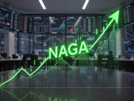 Ein stilisierter, aufwärts gerichteter Börsenchart mit dem Ticker-Symbol 'NAGA' in leuchtendem Grün vor einem unscharfen Finanzhandelsraum. - Foto: über boerse-global.de