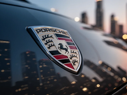Ein detailliertes Nahaufnahme-Bild des Porsche-Wappens, das eine unscharfe Stadtlandschaft in der Dämmerung widerspiegelt. - Foto: über boerse-global.de