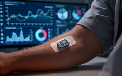 Nahaufnahme eines Arms mit einem Glukosemonitor-Patch, im Hintergrund verschwommene medizinische Diagramme auf einem Bildschirm. - Foto: über boerse-global.de