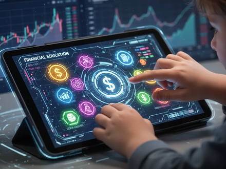 A child's hands interact with a tablet displaying a gamified financial education app, with digital currency and savings icons. - Foto: über boerse-global.de