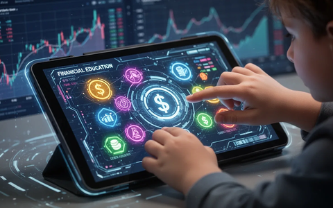 A child's hands interact with a tablet displaying a gamified financial education app, with digital currency and savings icons. - Foto: über boerse-global.de