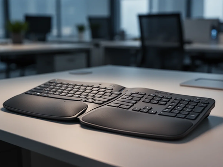 A Logitech Ergo K860 ergonomic split keyboard on a modern desk, with a blurred office background, emphasizing its design. - Foto: über boerse-global.de