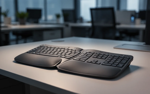 A Logitech Ergo K860 ergonomic split keyboard on a modern desk, with a blurred office background, emphasizing its design. - Foto: über boerse-global.de