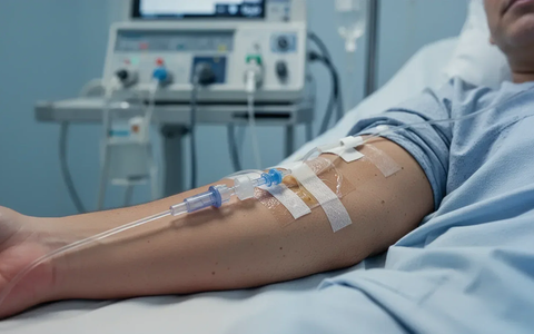 Nahaufnahme eines Arms, der eine Infusion erhält, mit medizinischer Ausrüstung im Hintergrund. - Foto: über boerse-global.de