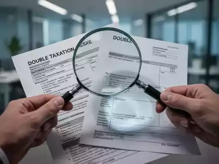 Eine Hand hält eine Lupe über zwei sich überlappende Steuerdokumente, die doppelte Besteuerung symbolisierend, in einem Büro. - Foto: über boerse-global.de