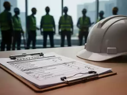 Ein Klemmbrett mit Sicherheitschecklisten und ein Schutzhelm auf einem Tisch, im Hintergrund verschwommene Silhouetten von Gemeindemitarbeitern. - Foto: über boerse-global.de