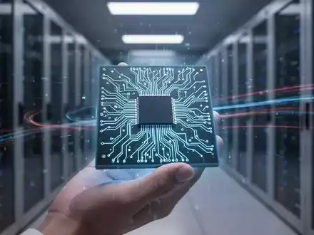 Eine Hand hält einen Mikrochip mit leuchtenden blauen KI-Mustern in einem futuristischen Rechenzentrum. - Foto: über boerse-global.de