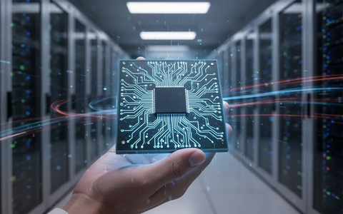 Eine Hand hält einen Mikrochip mit leuchtenden blauen KI-Mustern in einem futuristischen Rechenzentrum. - Foto: über boerse-global.de