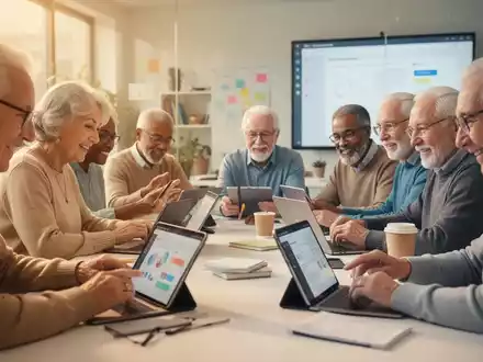 Seniors engaged in a digital literacy workshop, using tablets and laptops with a supportive instructor nearby. Focus on inclusion. - Foto: über boerse-global.de