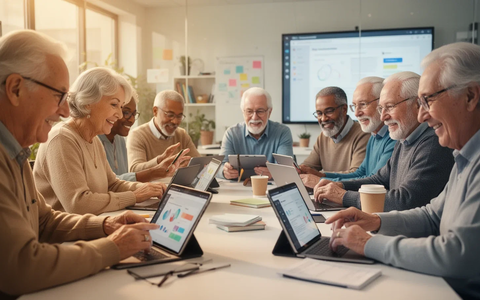 Seniors engaged in a digital literacy workshop, using tablets and laptops with a supportive instructor nearby. Focus on inclusion. - Foto: über boerse-global.de