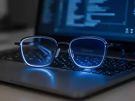 Eine Nahaufnahme einer Blaulichtfilterbrille, die auf einer Laptoptastatur in einem schwach beleuchteten Büro liegt. - Foto: über boerse-global.de