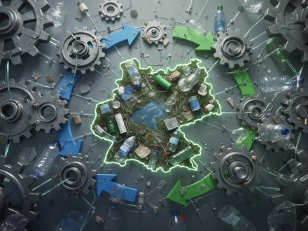Eine stilisierte Darstellung eines Netzwerks aus Zahnrädern, Pfeilen und recycelten Materialien, mit Österreichs Umrissen. - Foto: über boerse-global.de
