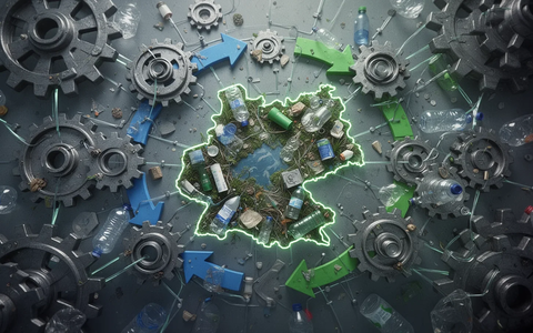 Eine stilisierte Darstellung eines Netzwerks aus Zahnrädern, Pfeilen und recycelten Materialien, mit Österreichs Umrissen. - Foto: über boerse-global.de